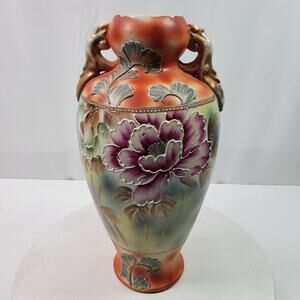 Antique Meiji Moriage Floral Rococo Hand Painted Vase 14 Inch Tall UNSIGNED